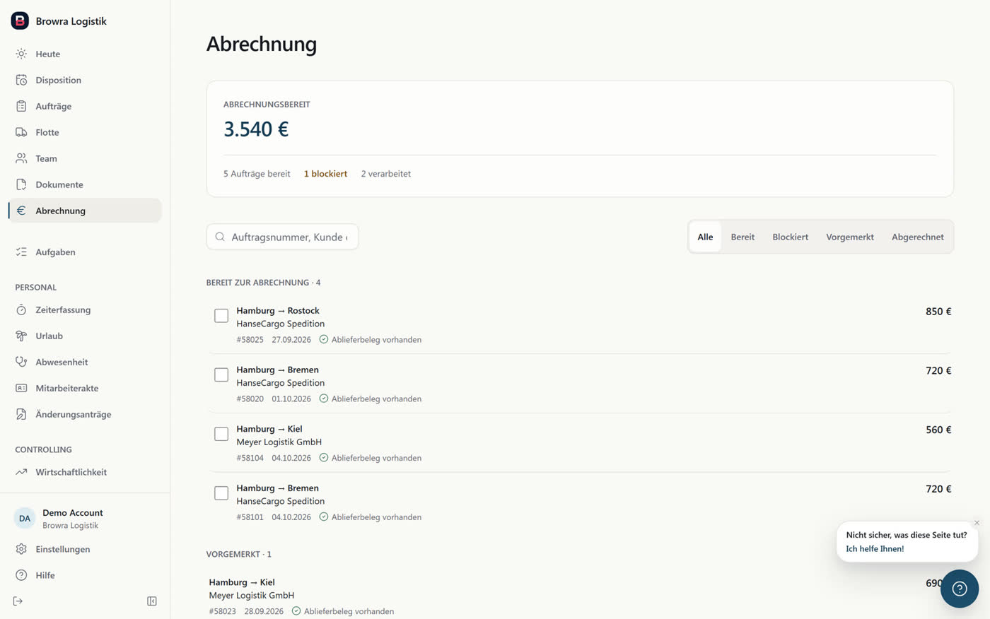 Sofort abrechnungsbereit, Beispieldaten